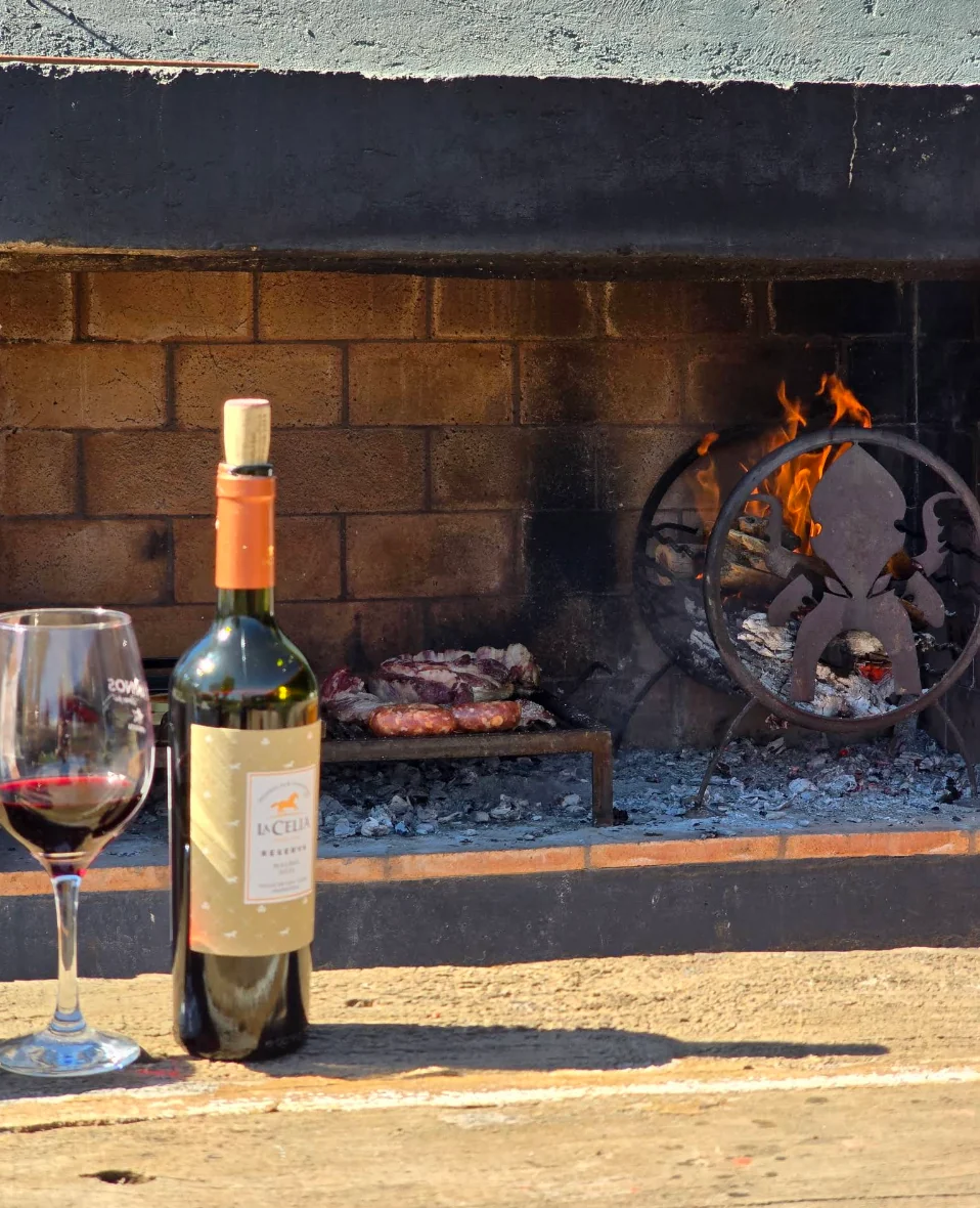 Parrilla encendida con vino en primer plano